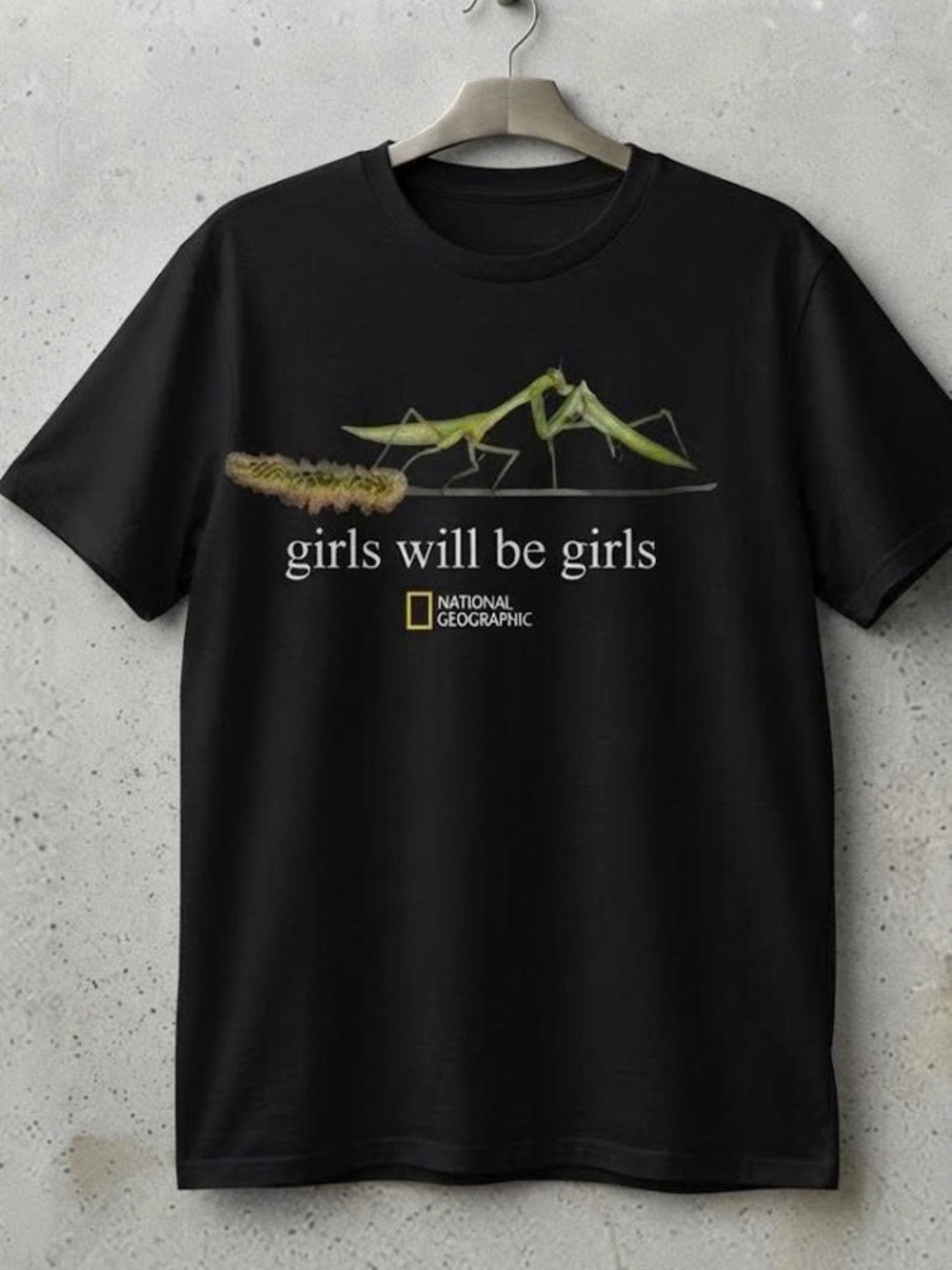 Black Tee with Green Praying Mantis Graphic